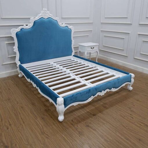 Blue Rococo Bed White Finishing Carved Indonesia CV Aqma Furniture