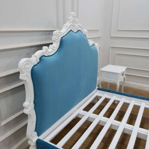 Blue Rococo Bed White Finishing Carved Indonesia CV Aqma Furniture