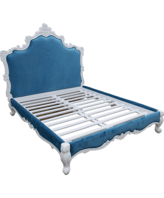 Blue Rococo Bed White Finishing Carved Indonesia