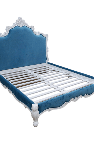 Blue Rococo Bed White Finishing Carved Indonesia