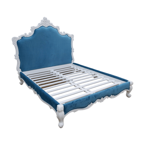 Blue Rococo Bed White Finishing Carved Indonesia CV Aqma Furniture