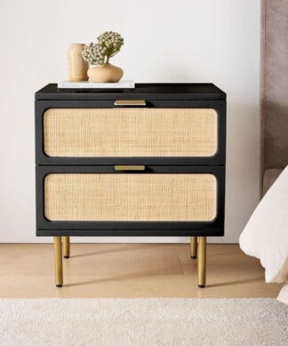 bedside black wood and rattan 2 drawers metal legs