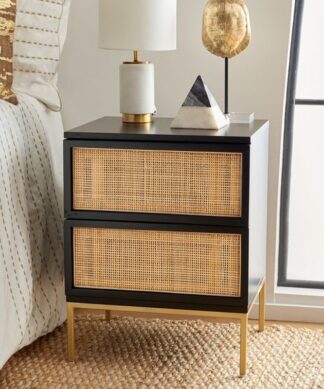 Bedside 2 Drawers Metal Legs Black wood Rattan