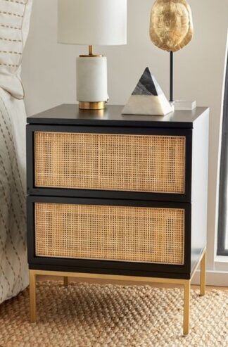Bedside 2 Drawers Metal Legs Black wood Rattan
