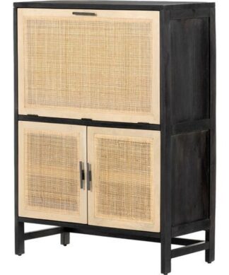 Black teak wood cabinet rattan door hotel furniture