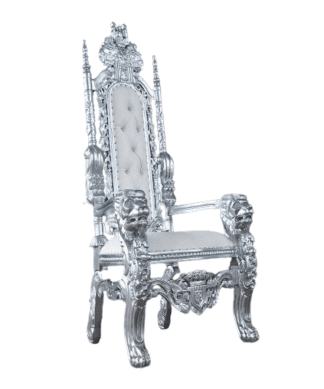Carved lion chair silver and white leather