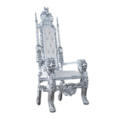 Carved lion chair silver and white leather