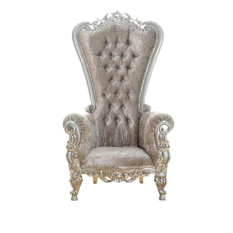 Crushed grey Velvet and Silver Throne chair carved handmade CV Aqma Furniture