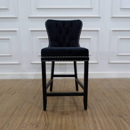 Tufted black velvet barstool mahogany wood furniture CV Aqma Furniture