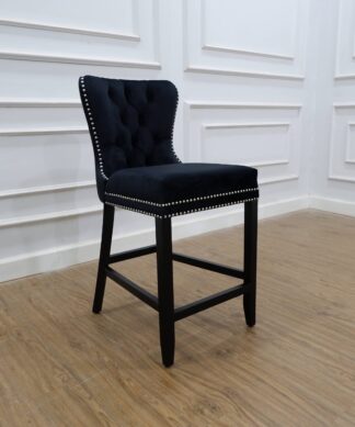 Tufted black velvet barstool mahogany wood furniture