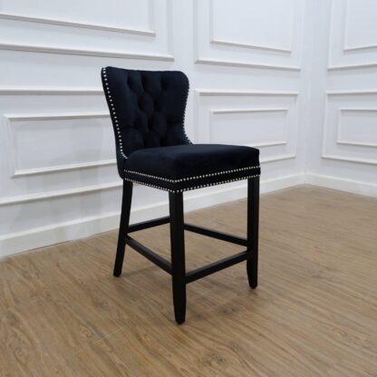 Tufted black velvet barstool mahogany wood furniture CV Aqma Furniture