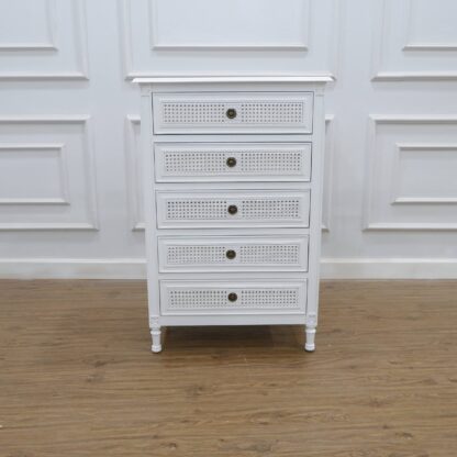 Tallboy buffet 5 drawers rattan white painted mahogany wood CV Aqma Furniture