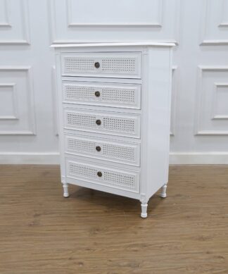 Tallboy buffet 5 drawers rattan white painted mahogany wood