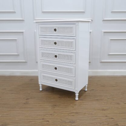 Tallboy buffet 5 drawers rattan white painted mahogany wood CV Aqma Furniture
