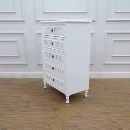Tallboy buffet 5 drawers rattan white painted mahogany wood CV Aqma Furniture