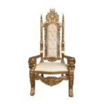 White Leather and Gold Throne chair carved handmade  