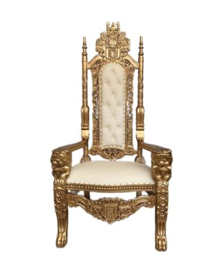White Off leather and Gold Throne chair carved handmade