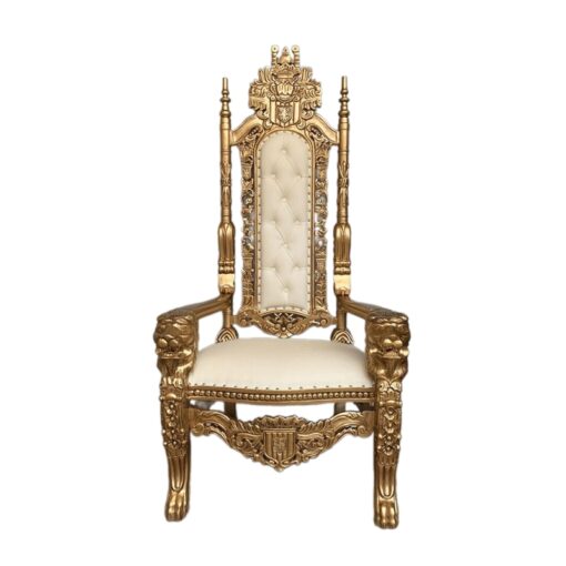 White Off leather and Gold Throne chair carved handmade CV Aqma Furniture