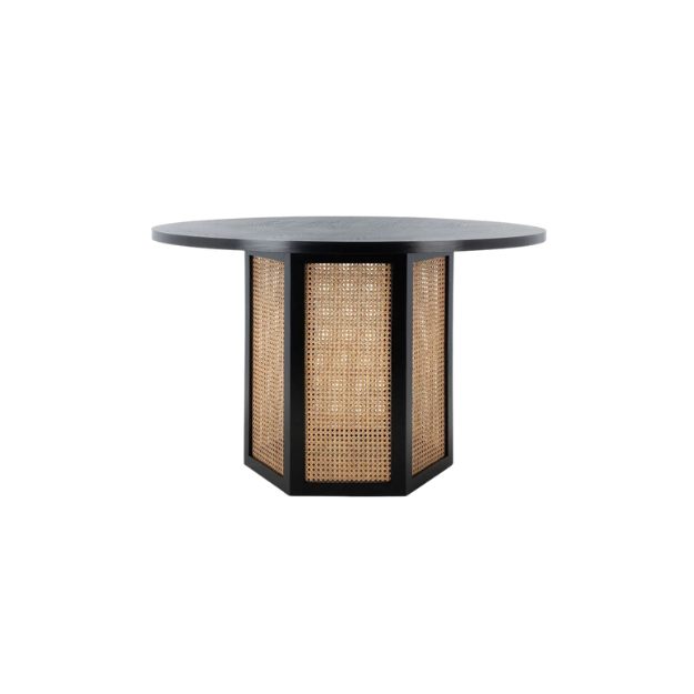 round wood table with woven rattan panel base CV Aqma Furniture round wood table with woven rattan panel base CV Aqma Furniture