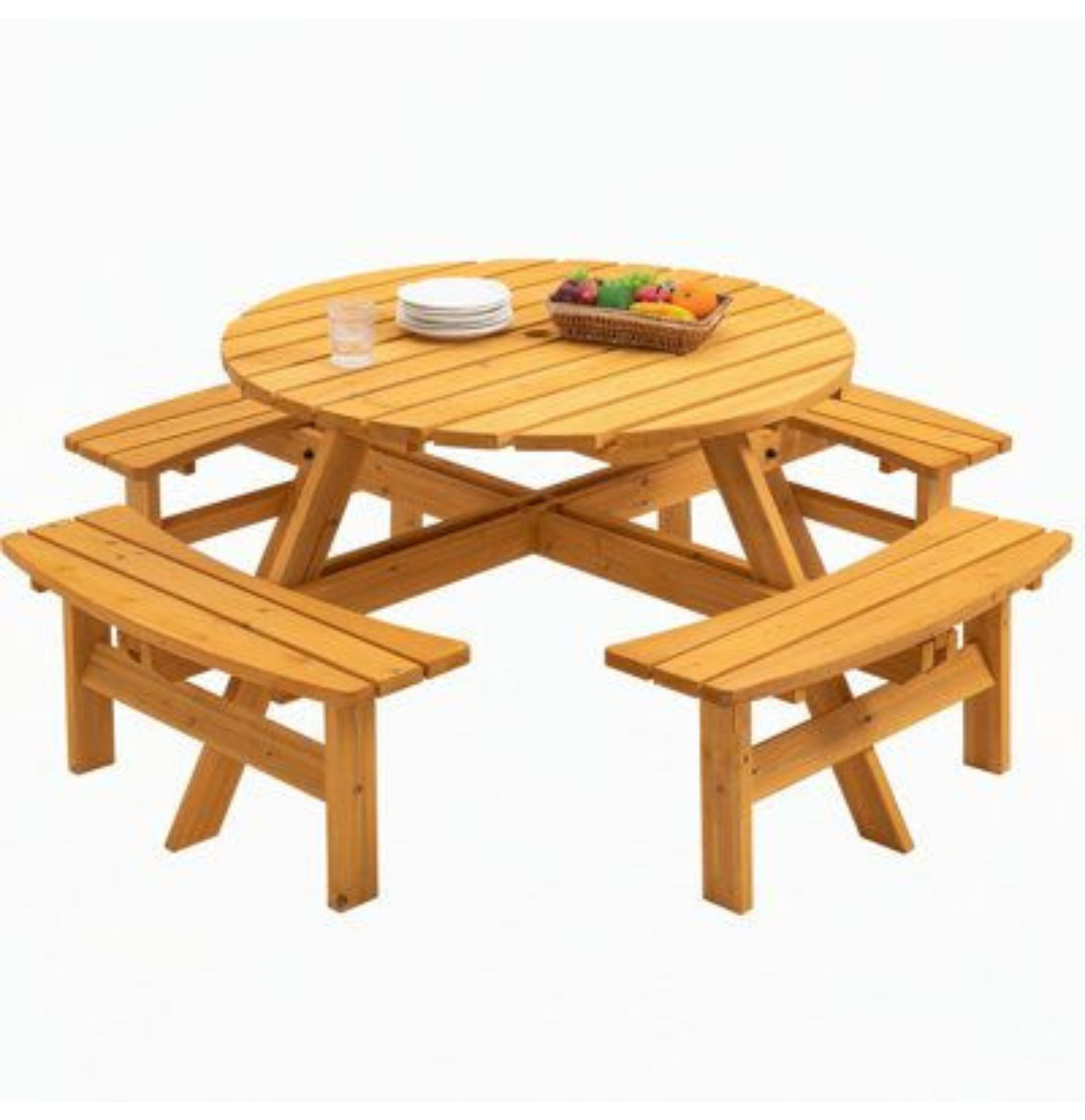 Round Wooden Picnic Table — 4-Sided Bench Set CV Aqma Furniture Round Wooden Picnic Table — 4-Sided Bench Set CV Aqma Furniture