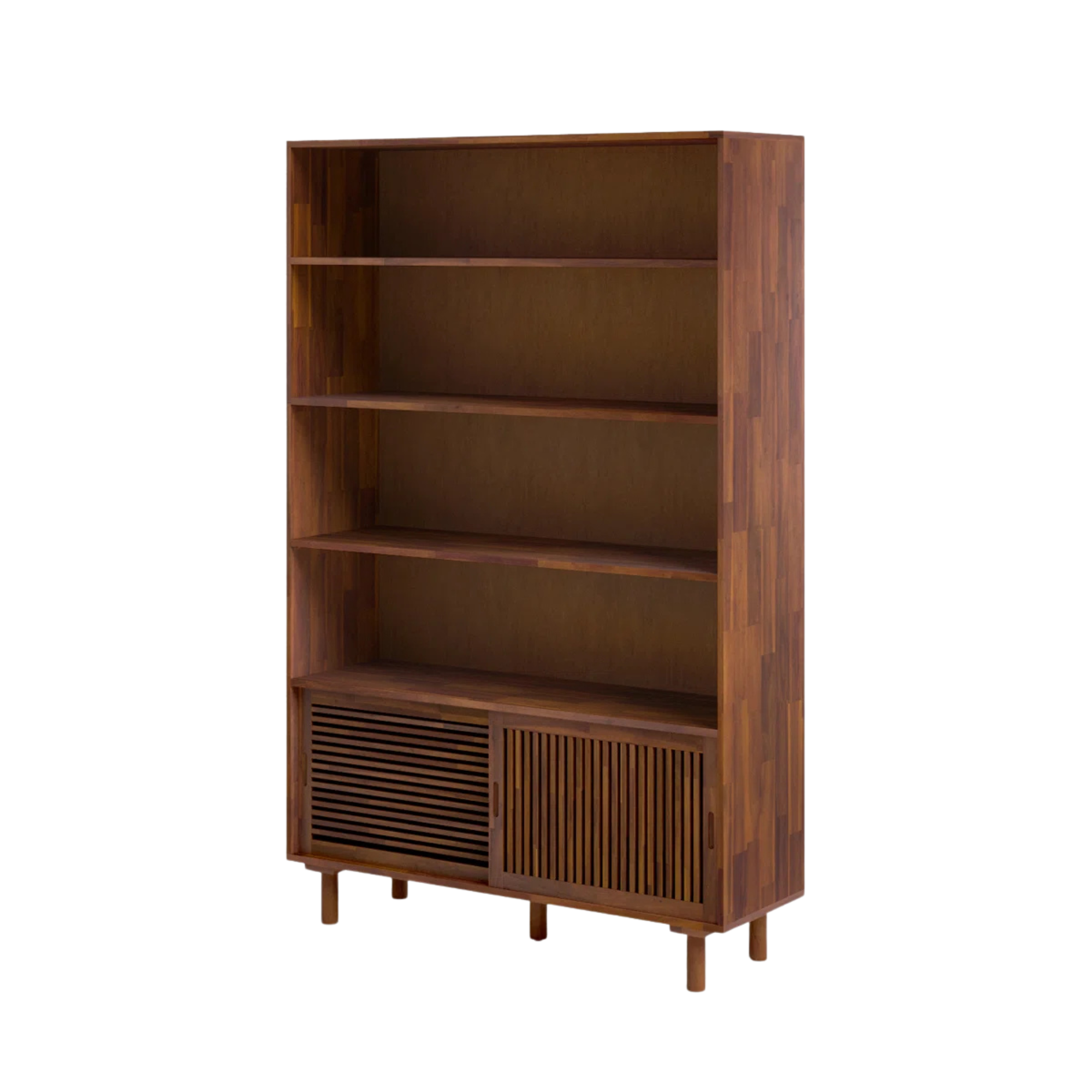 Teak Wood Bookcase Open Shelves And Sliding Slatted Doors CV Aqma Furniture Teak Wood Bookcase Open Shelves And Sliding Slatted Doors CV Aqma Furniture