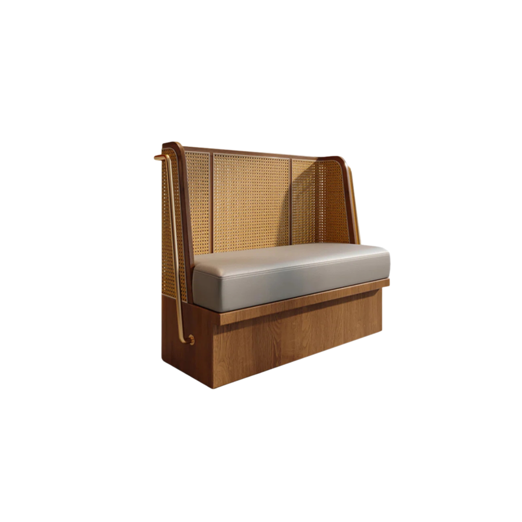 Wooden Indoor Cafe Bench with Cane Back and Side Panels