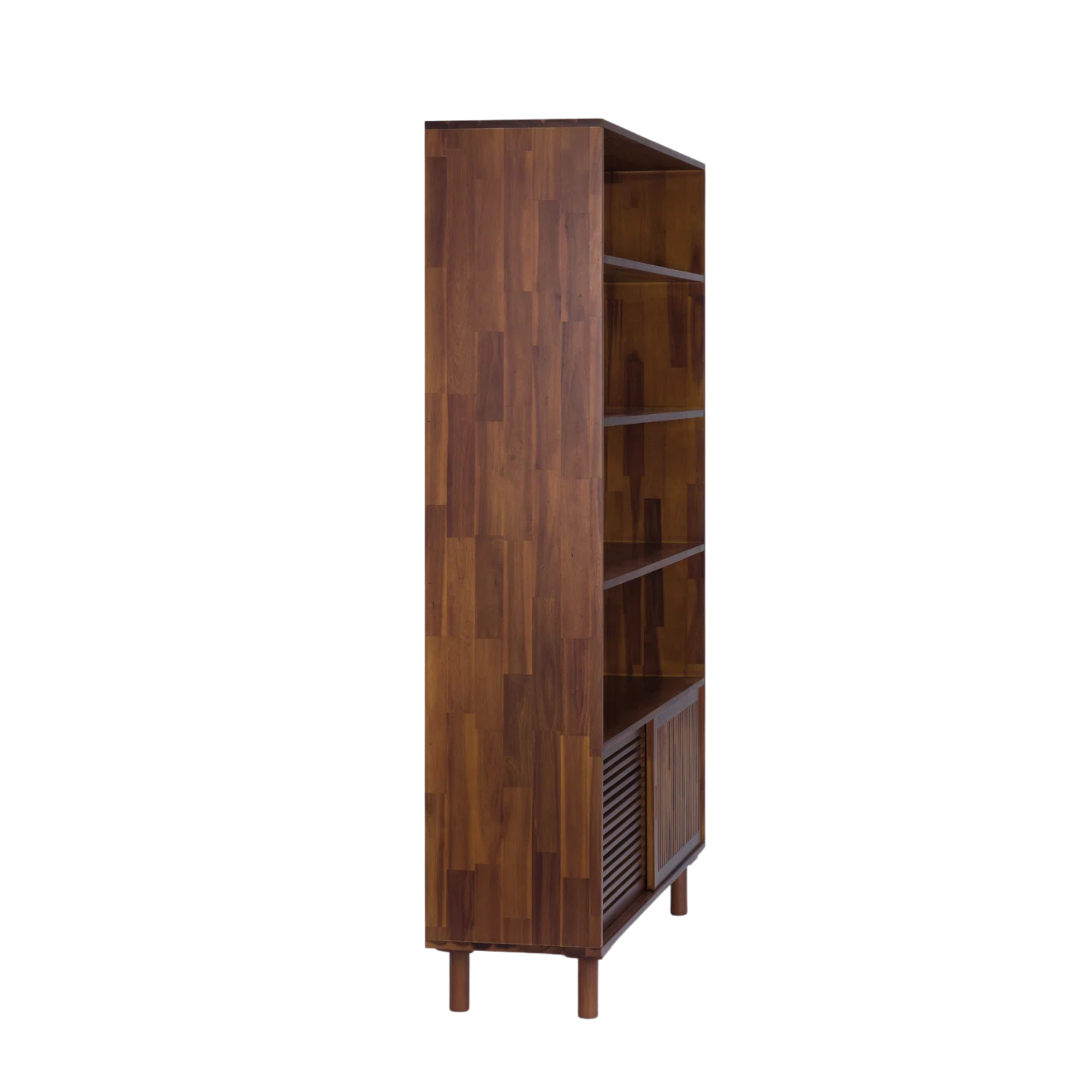 Teak Wood Bookcase Open Shelves And Sliding Slatted Doors CV Aqma Furniture Teak Wood Bookcase Open Shelves And Sliding Slatted Doors CV Aqma Furniture